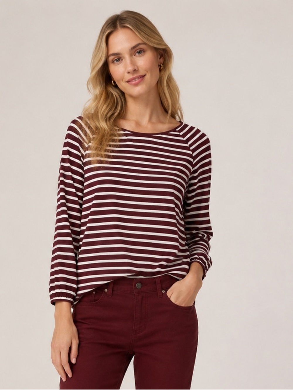 J. Crew Womens Burgundy White Striped Top Size 2XS Cotton Casual Travel Work